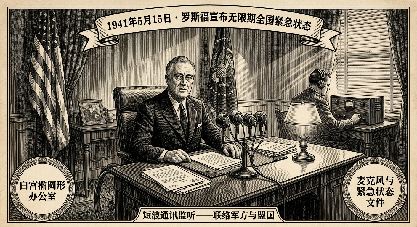 1941年5月15日：美国总统罗斯福宣布“无限期全国紧急状态”，美国全面转入战争轨道