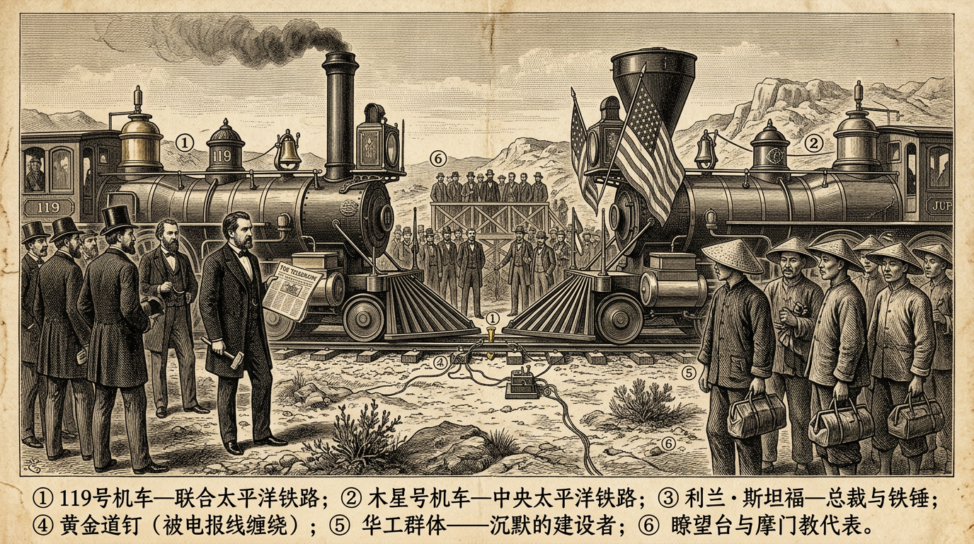 1869年5月10日：犹他州海角点 — 横贯大陆铁路的黄金道钉贯穿美国