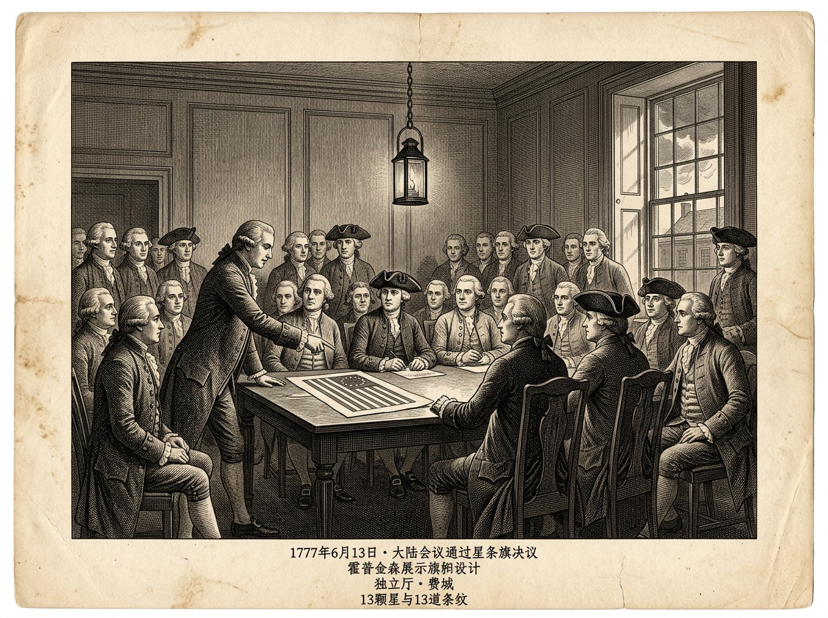 1777年6月13日:大陆会议通过星条旗决议,美利坚合众国的象征正式诞生