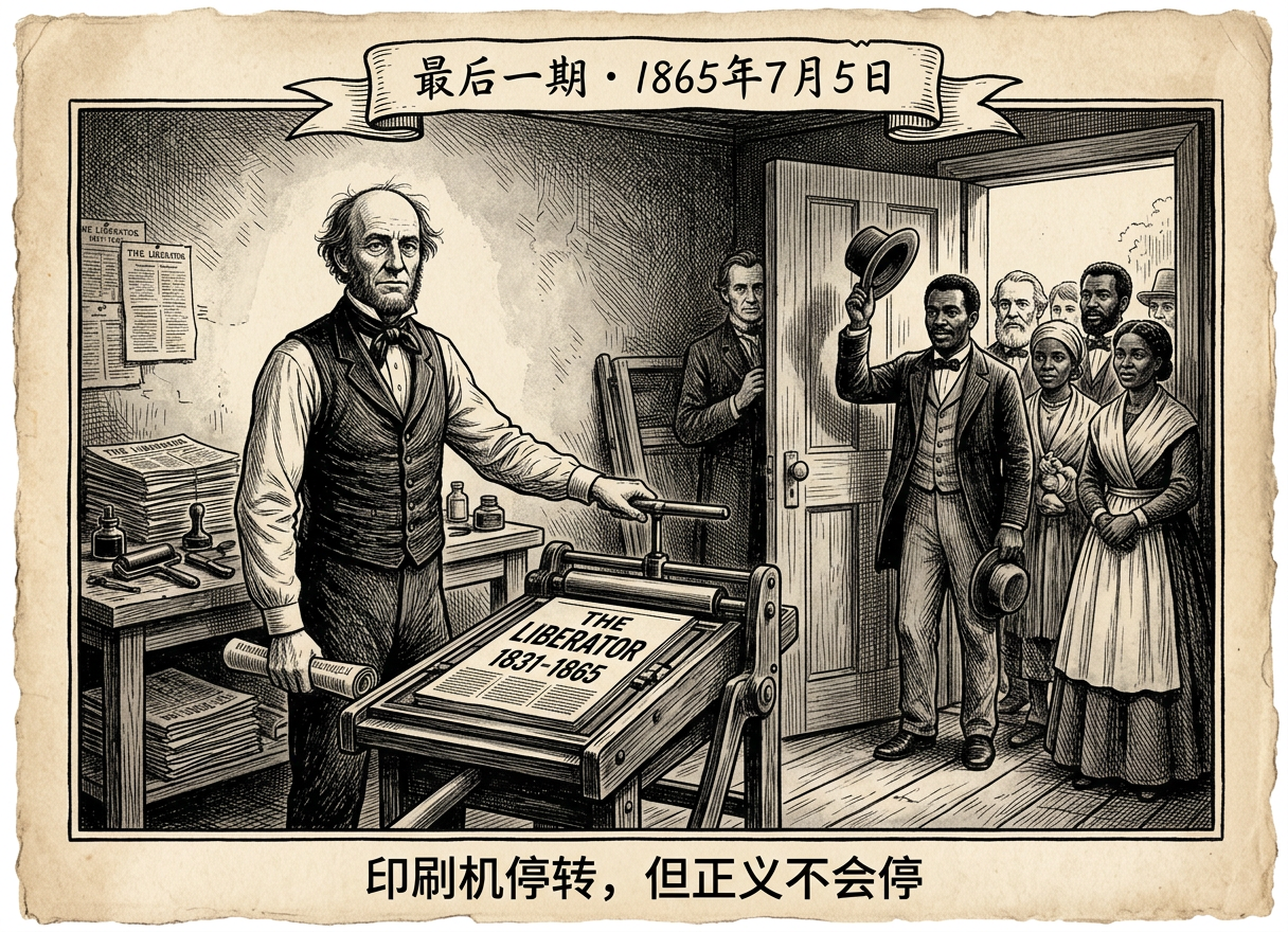 1865年7月5日：废奴运动领袖威廉·劳埃德·加里森与《解放者报》的最后一期