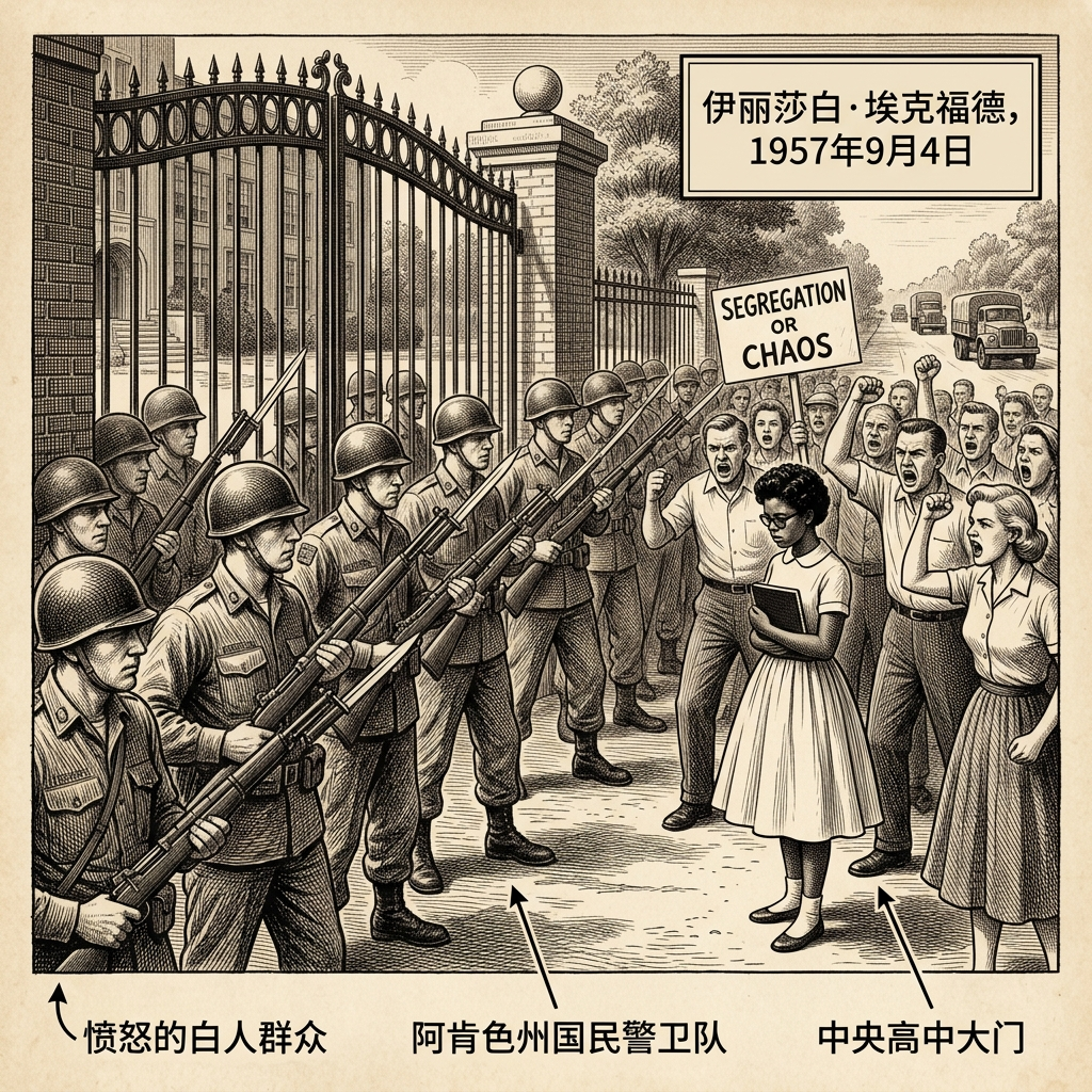 1957年9月4日：小石城危机 — 国家警卫队阻挡黑人学生进入中央高中