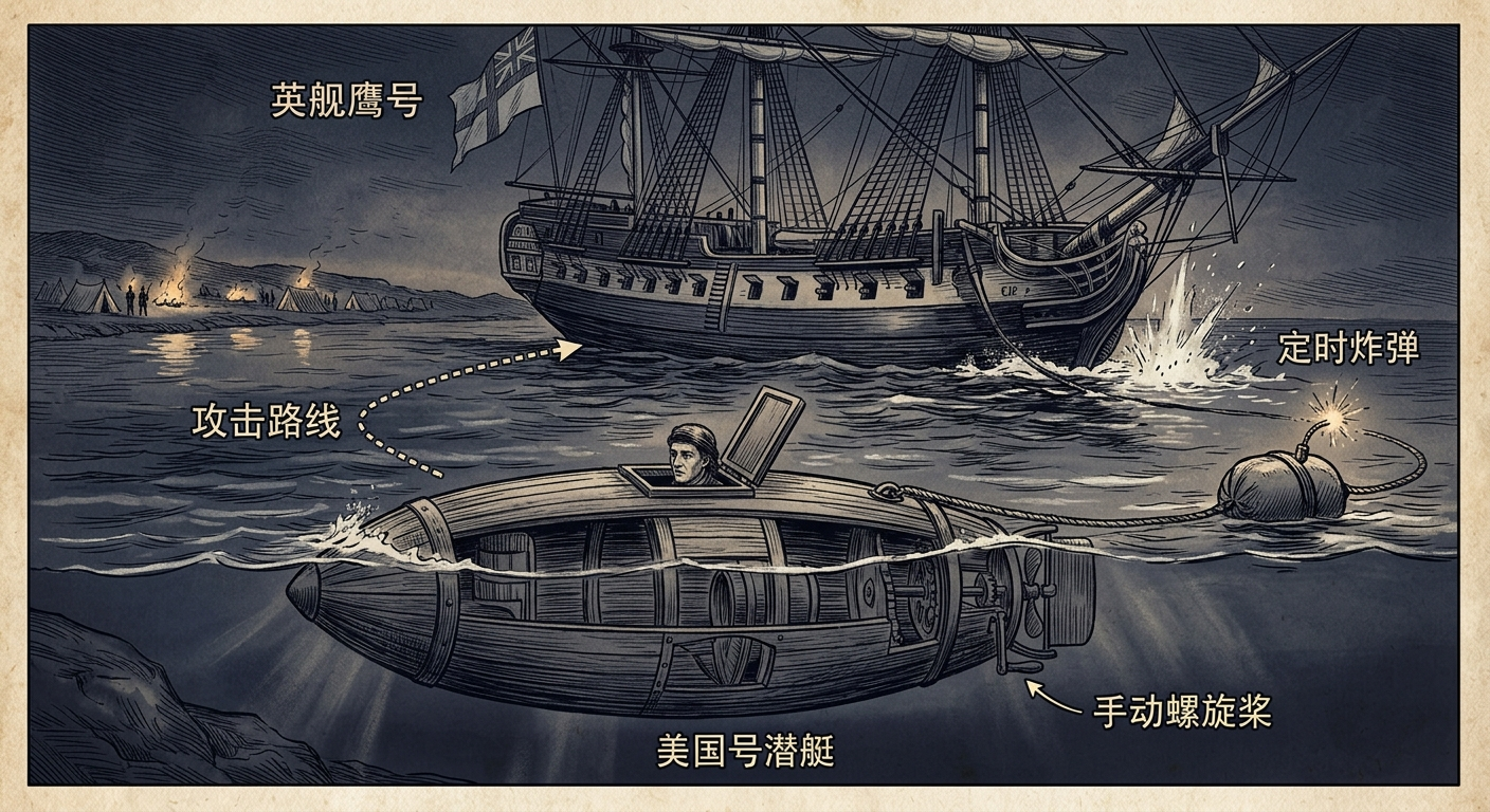 1776年9月7日：世界第一次潜艇攻击——美国号挑战英军